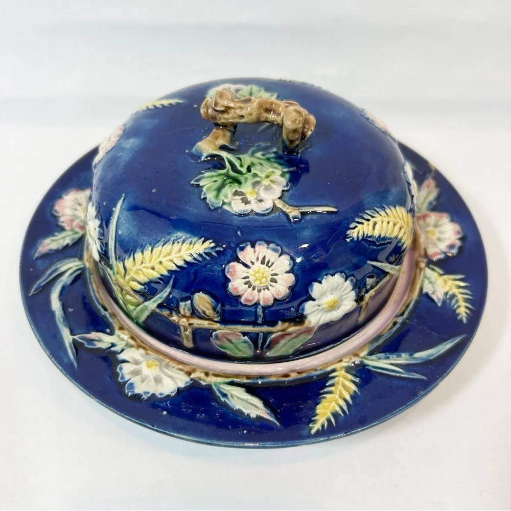 Antique George Jones Majolica Cobalt Muffin Dish & Cover, Victorian 1870’s